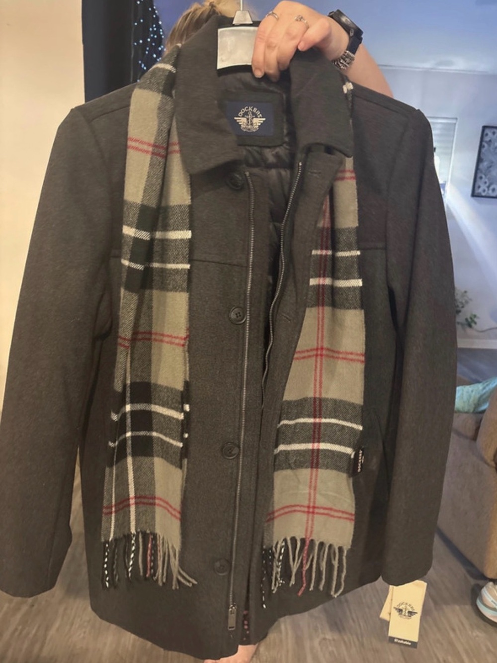 Dockers men’s Charcoal Wool-Blend Coat with Plaid Scarf